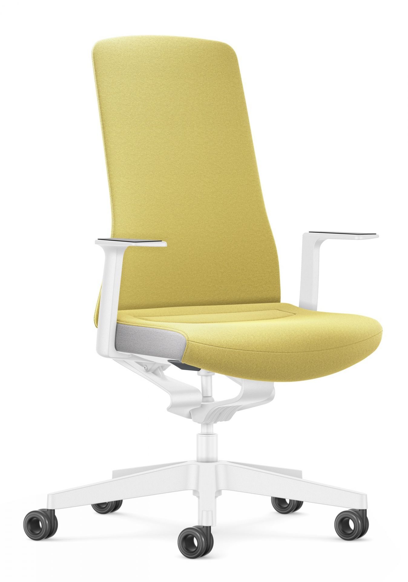 Gelber Interstuhl Bürodrehstuhl mit hoher Rückenlehne und weißen Armlehnen für ergonomisches Sitzen im Büro.
