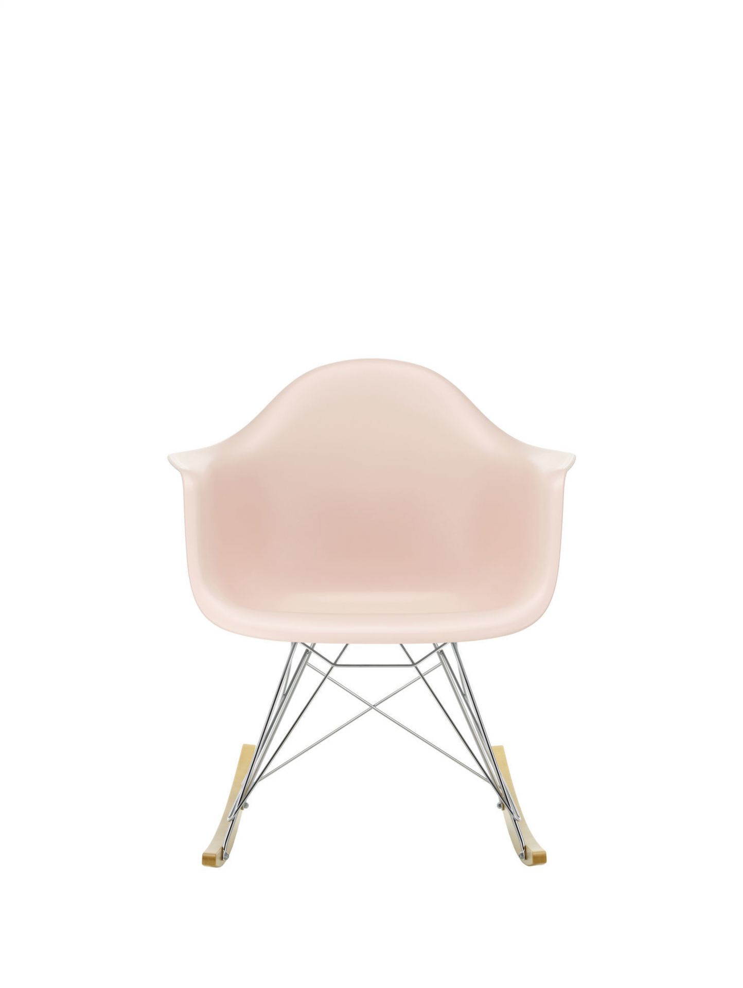 Vitra Eames Plastic Armchair RAR Schaukelstuhl mit Ahorn-Kufen und tiefschwarzem Gestell, Frontansicht.