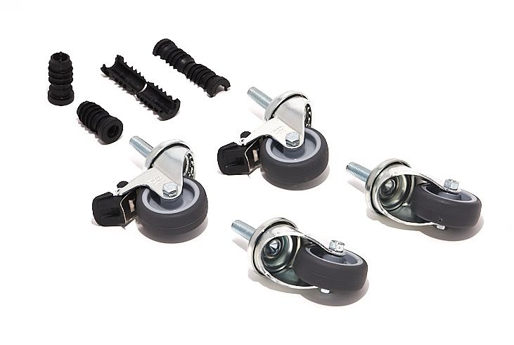 Vier Rollen für Eiermann Tischgestelle von Richard Lampert, mit Feststellbremse und Zubehör.