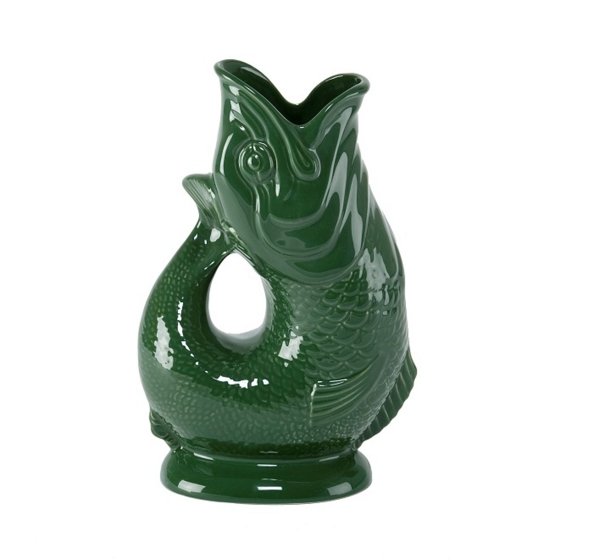 Dunkelgrüne Gluckigluck Fisch-Karaffe in XL-Größe. Keramik Vase in Fischform für Wasser oder Blumen.