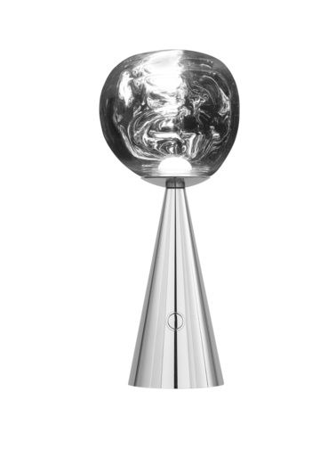 Silberne Melt LED Tischleuchte von Tom Dixon: Tragbare Lampe mit schmelzendem, kugelförmigem Lampenschirm.