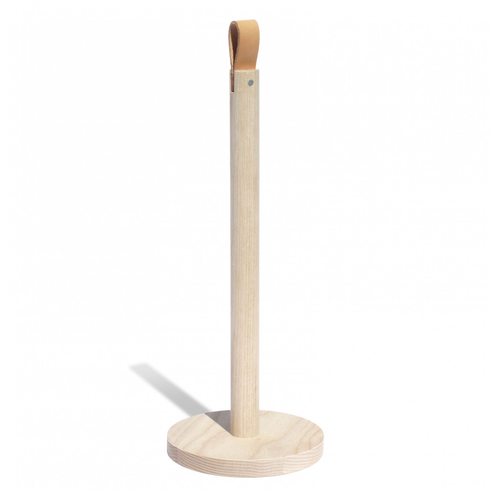 Küchenrollenhalter aus hellem Holz mit Ledergriff, ideal für die moderne Küche.