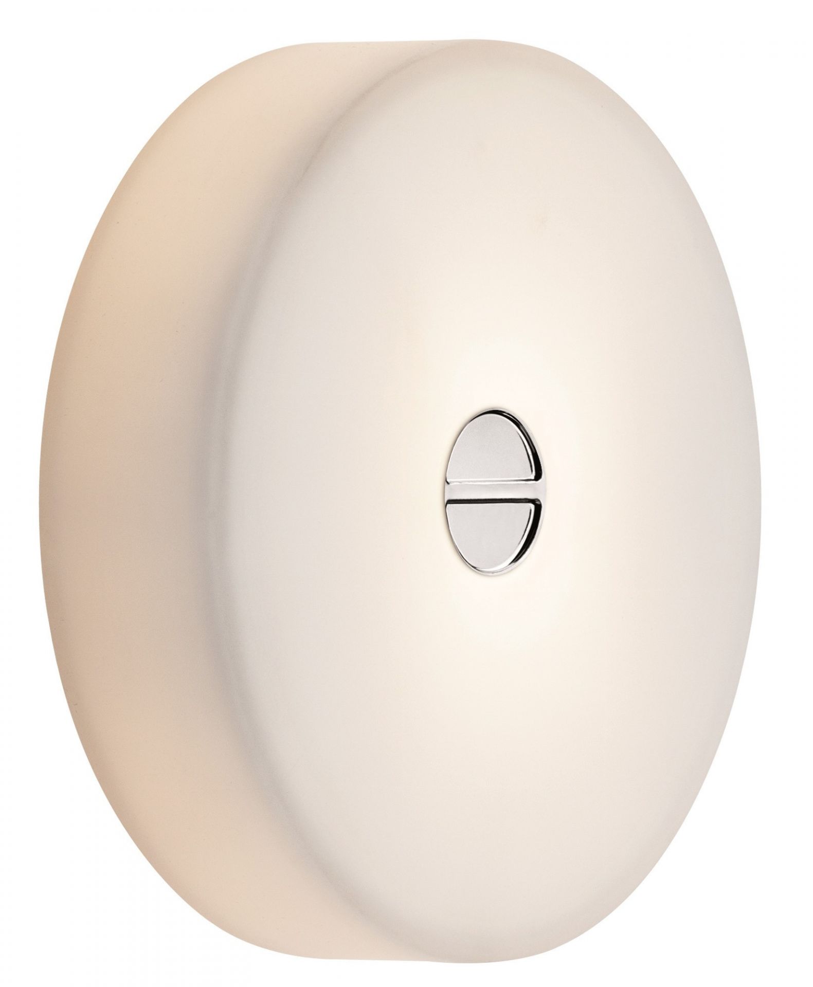 Nahaufnahme der runden Flos Mini Button Wandleuchte aus Glas, modernes Design.
