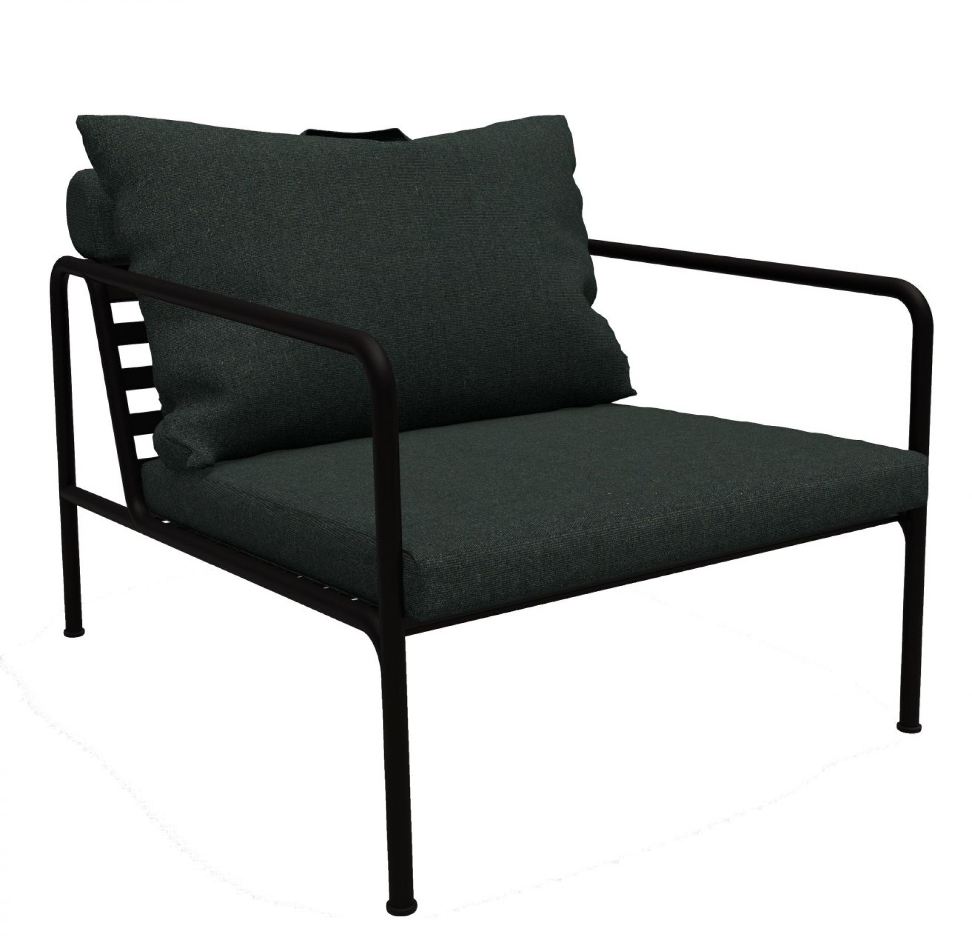 Avon Lounge Chair von Houe: Schwarzer Outdoor Sessel mit dunkelgrauen Kissen. Gartenmöbel für Terrasse und Balkon.
