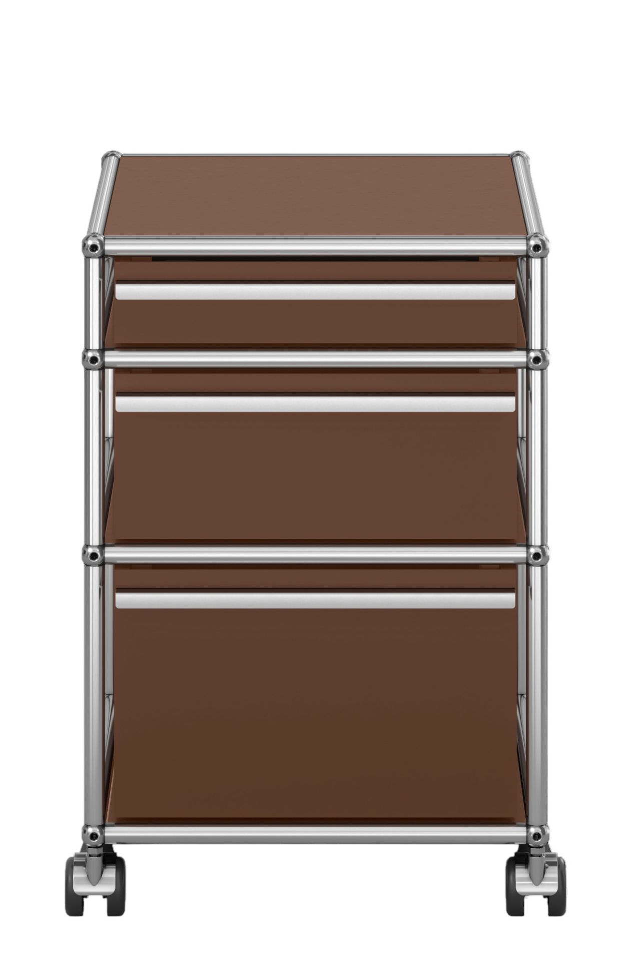 USM Haller Rollcontainer, braun, mit drei Schubladen und verchromtem Gestell, Frontansicht.