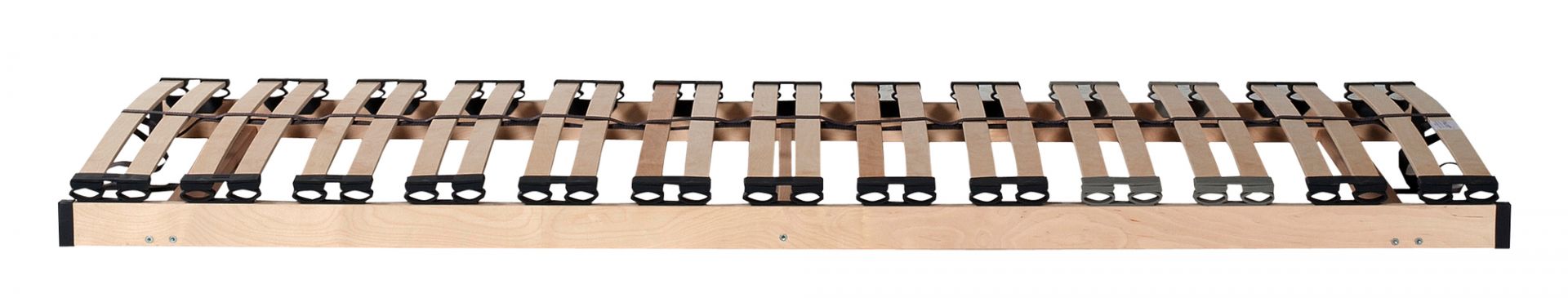 Ethnicraft Lattenrost 80x200: Detailaufnahme des Holzlattenrosts mit schwarzen Halterungen für optimalen Schlafkomfort.