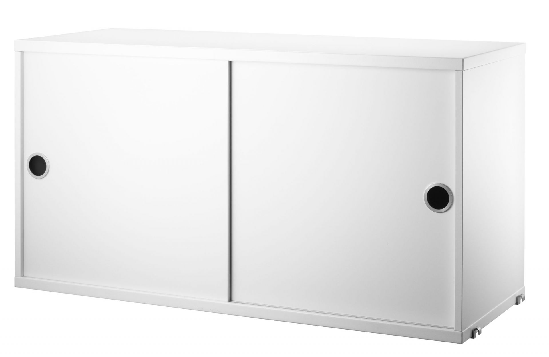 Weißes String Furniture Schrankelement mit Schiebetüren, ideal für Wohnzimmer und Büro.