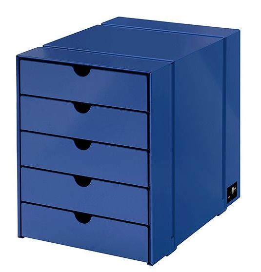 USM Haller Inos Kastenset in Enzianblau mit fünf geschlossenen Schalen für Büro und Homeoffice.