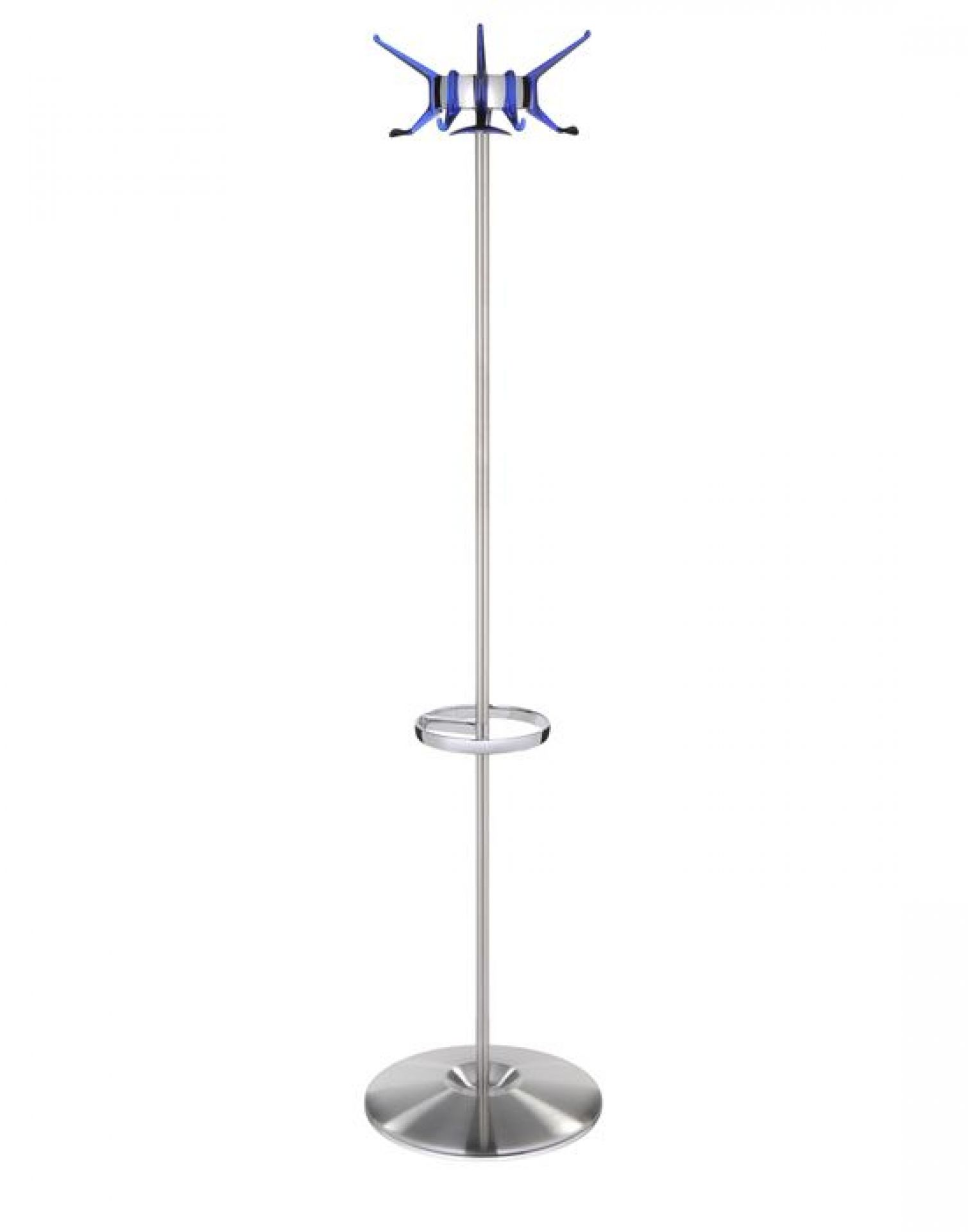 Silberner Kartell Hanger Garderobenständer mit blauem Huthalter und Schirmständer für Flur und Eingangsbereich.