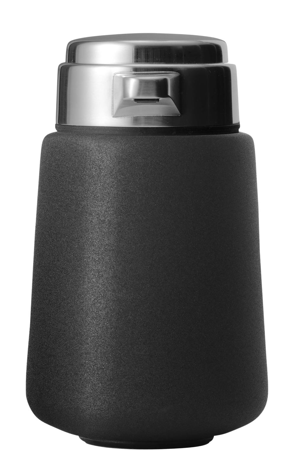 Schwarzer Vipp Seifenspender aus Gummi und Edelstahl, moderne Badaccessoires für stilvolles Händewaschen.