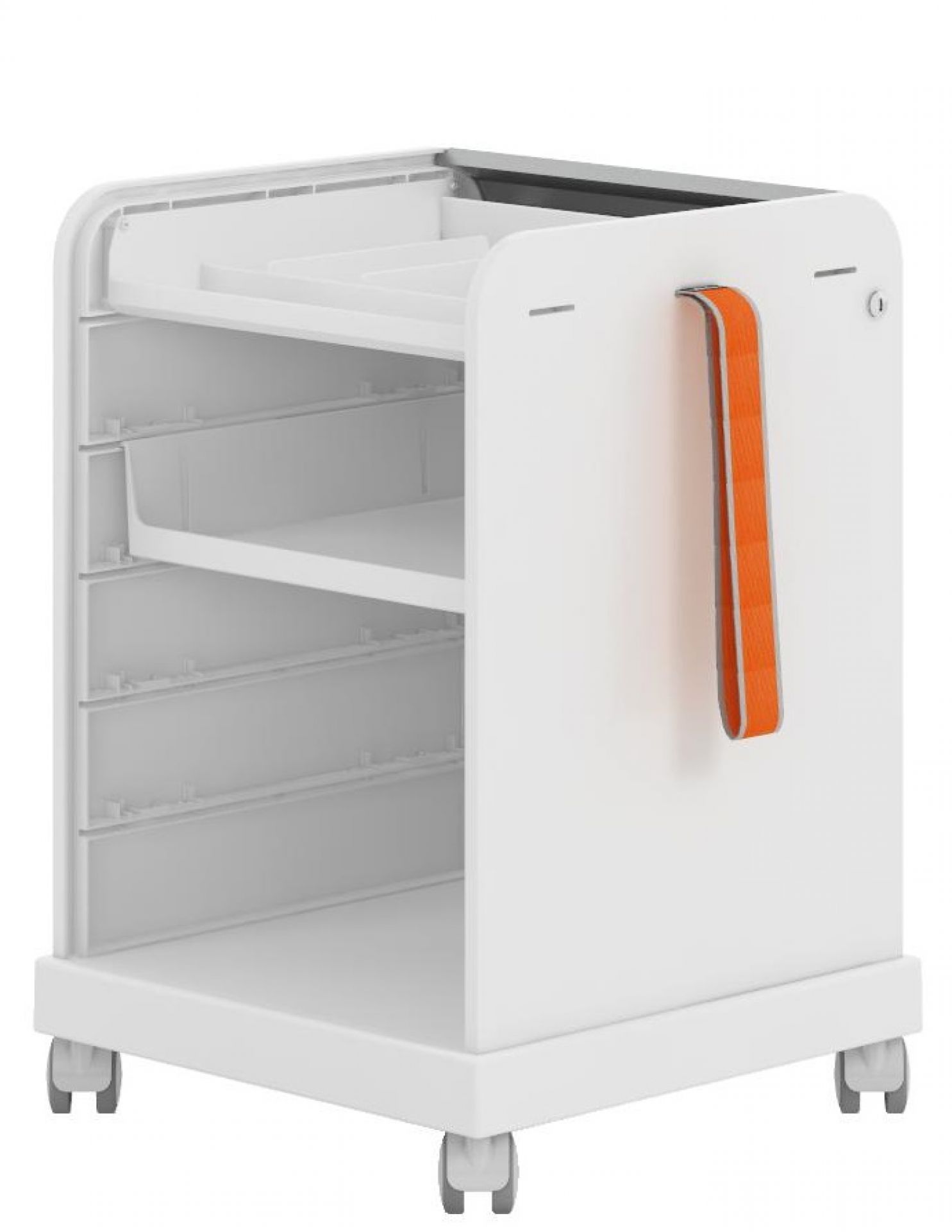 Weißer Rollcontainer "Follow Me" von Vitra mit orangefarbenem Griff und offenen Fächern.