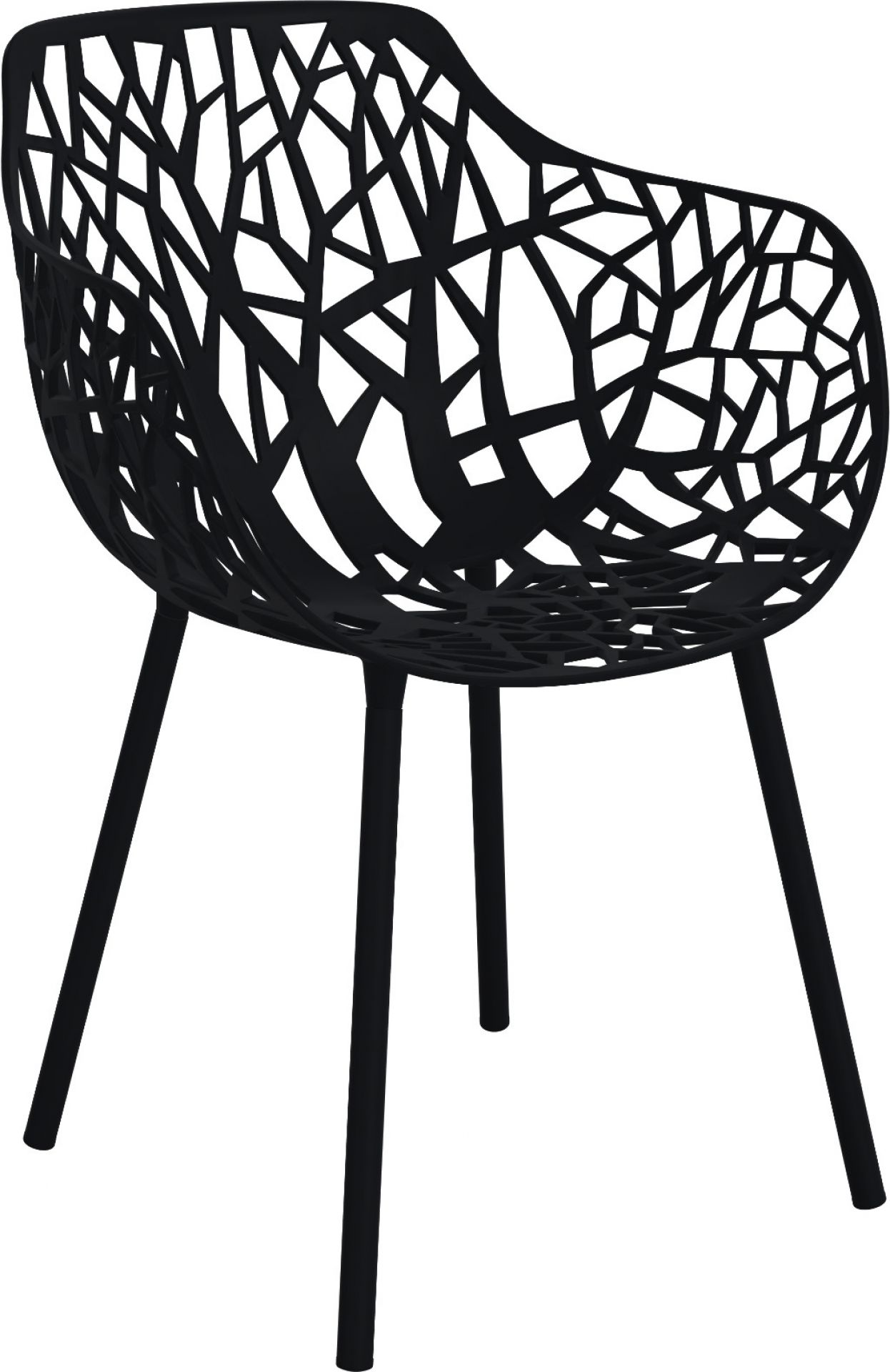 Schwarzer Forest Outdoor Sessel mit filigranem Design und vier Beinen, geeignet für Garten und Terrasse.