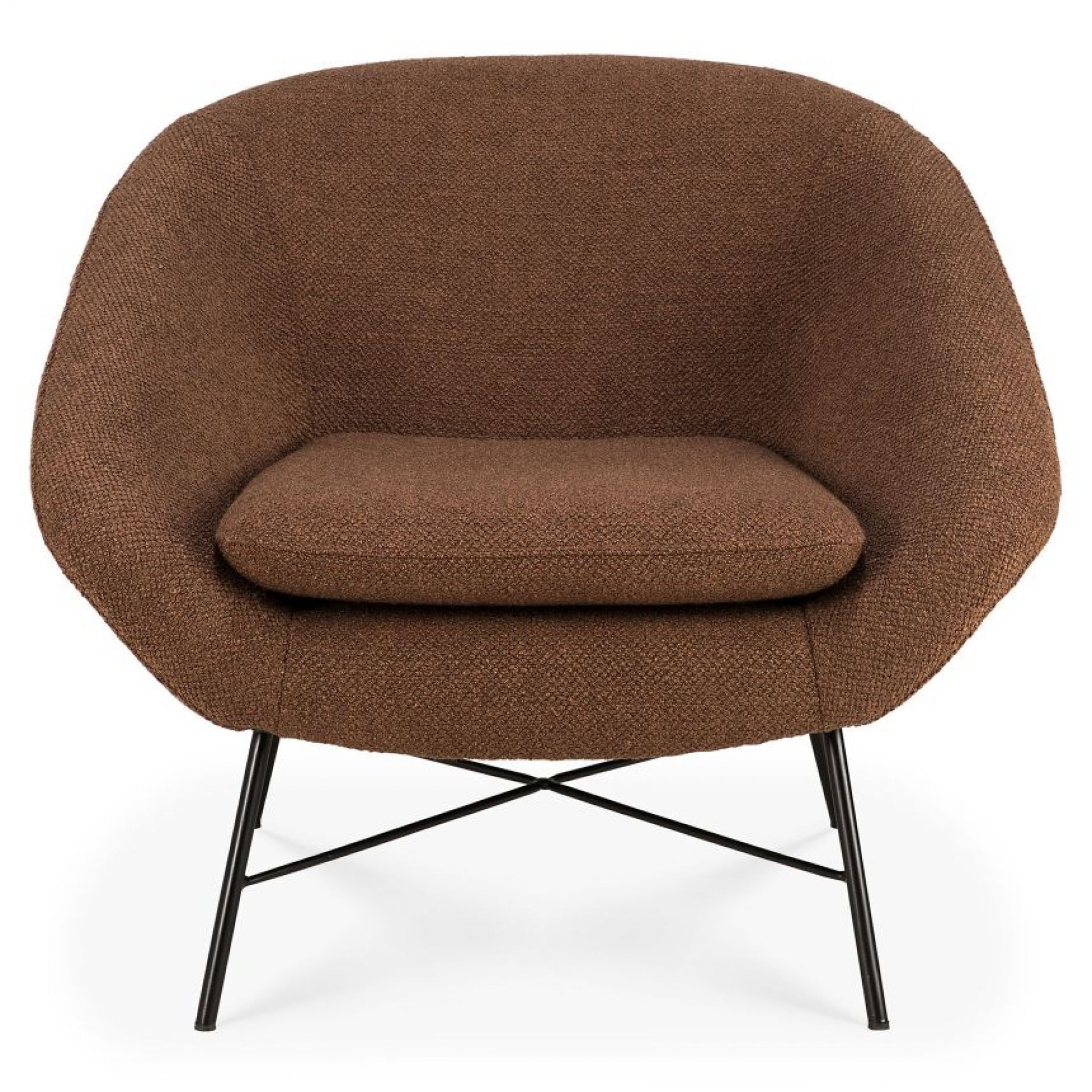 Barrow Sessel von Ethnicraft: Brauner Sessel mit Stoffbezug und schwarzem Metallgestell. Gemütlicher Loungesessel.