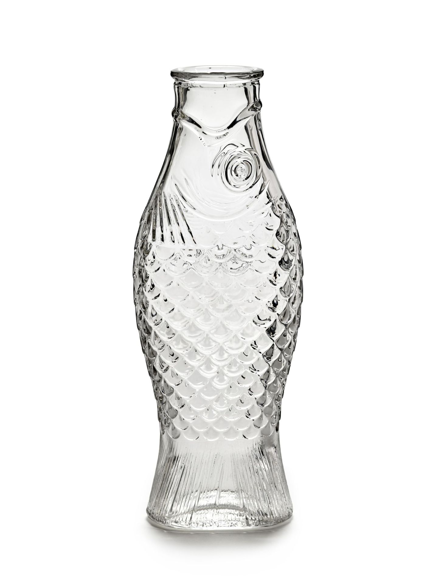 Transparente Fisch-Flasche von Serax, dekorative Glasflasche in Fischform mit Schuppenmuster, ideal als Vase.