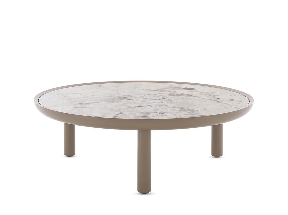K-Top Couchtisch von Kartell in Taupe mit runder Marmorplatte und drei Beinen.