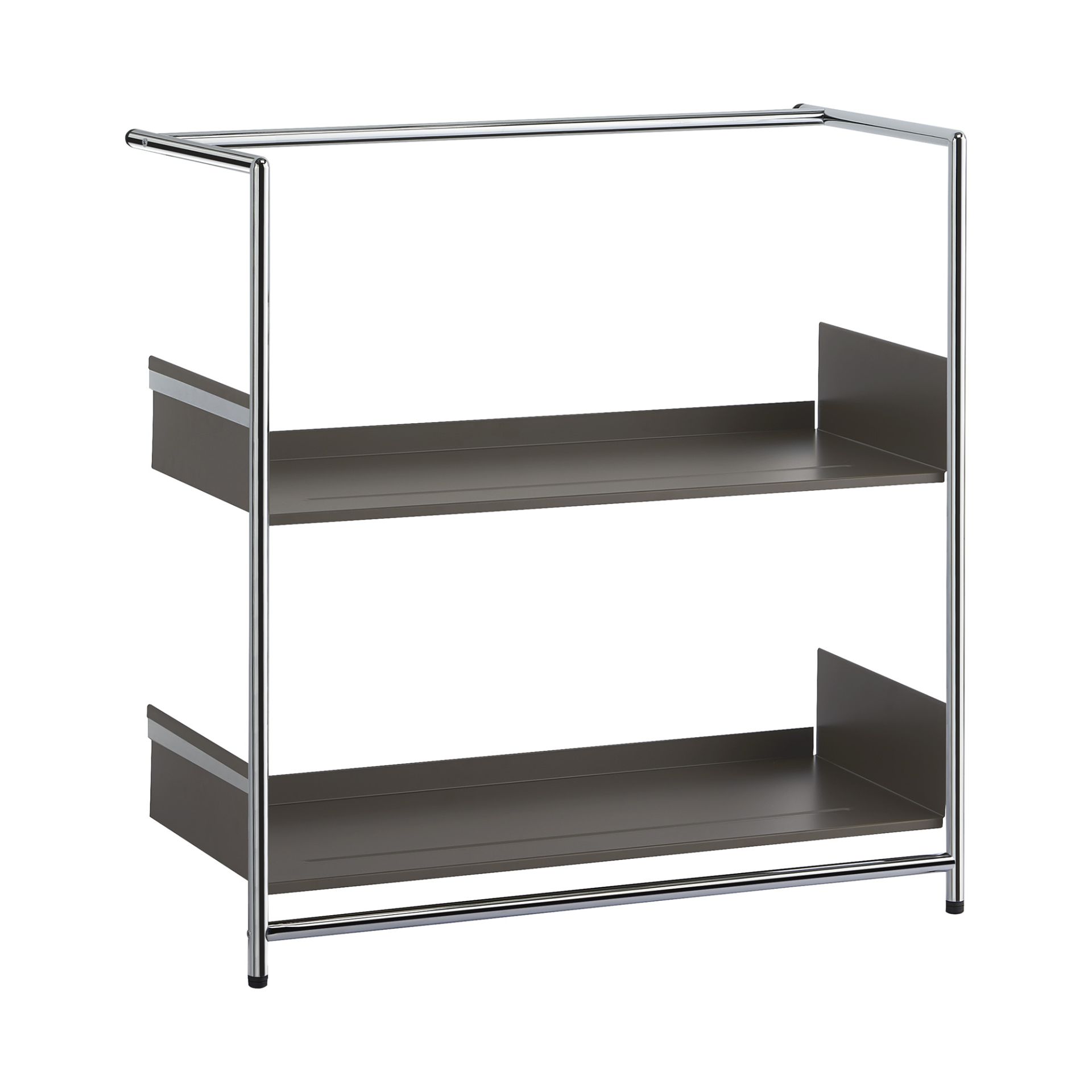 Pool 82 Regal von Mox: Anlehnregal, Schuhregal mit zwei Ablageflächen und verchromtem Stahlgestell.