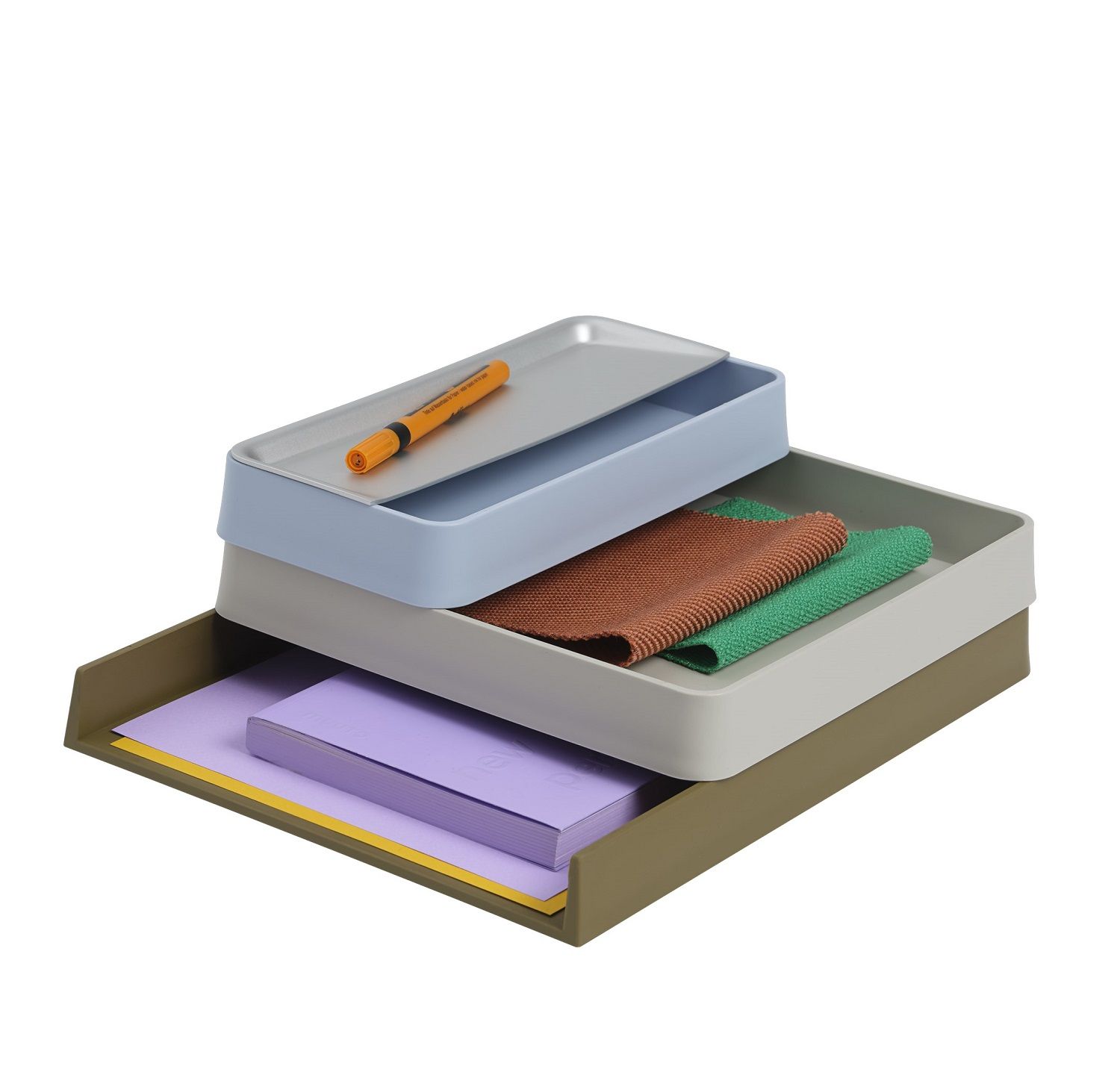 Mehrfarbiger Muuto Arrange Desktop Organizer mit Fächern für Bürobedarf und Dokumente.
