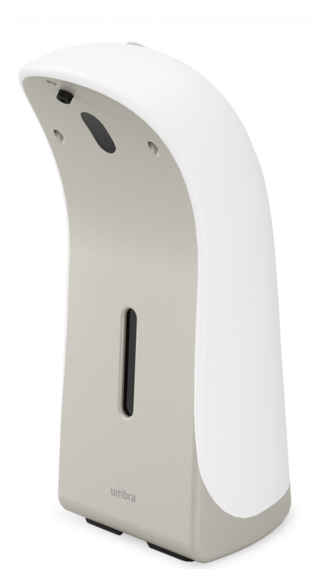 Weißer Umbra Emperor Automatik Seifenspender mit Nickelfarbenem Korpus und Füllstandsanzeige für berührungslose Seifenentnahme.