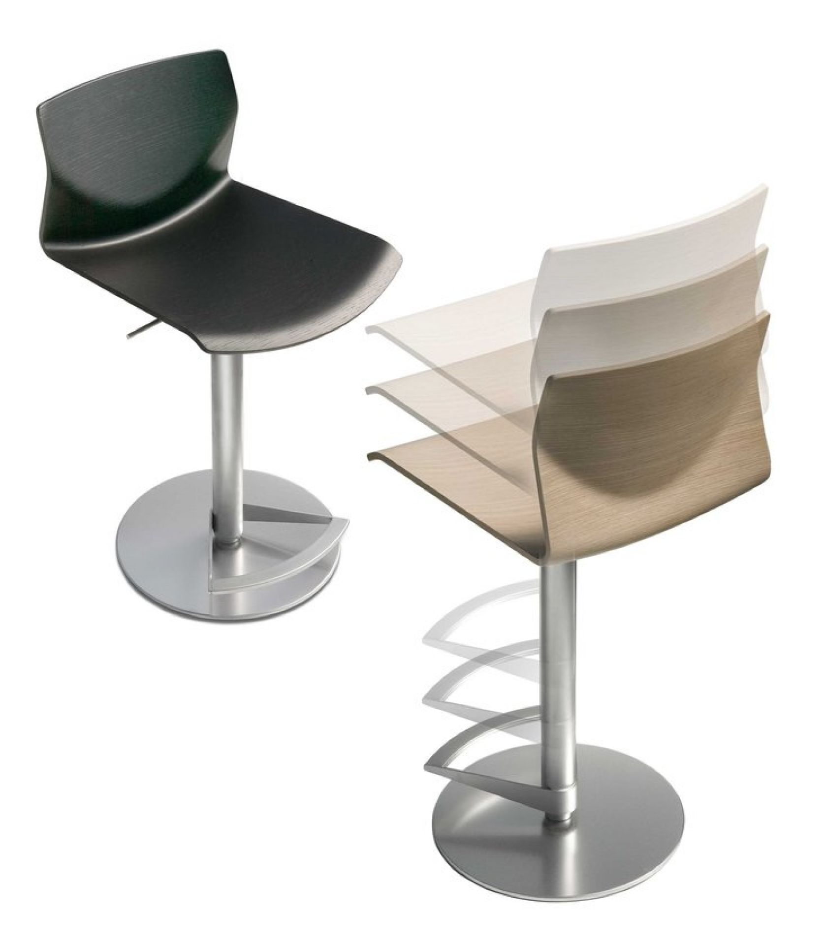 Kai Barhocker mit Metallsockel und Holzschale in Schwarz und verschiedenen Höhen. Barstuhl für Küche.