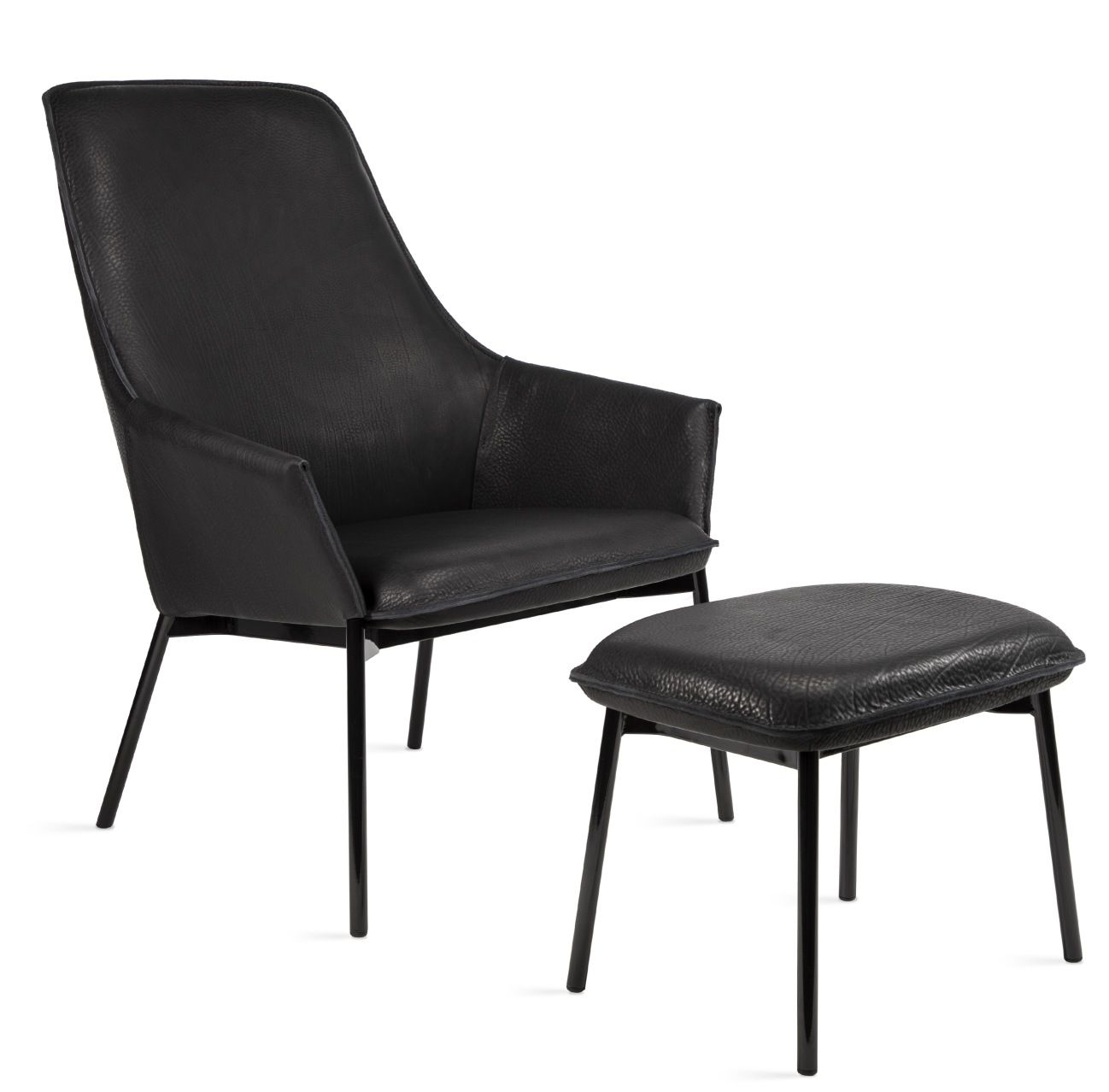 Schwarzer Grace Sessel mit passendem Ottoman von Freifrau Manufaktur, modernes Design, Ledersessel mit Fußhocker.