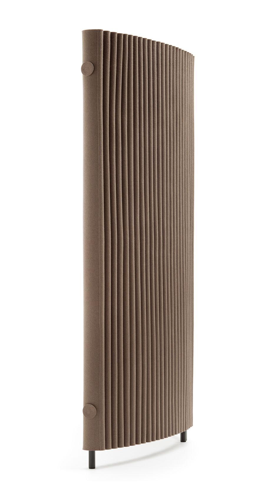 Hey Sign Welle Paravent, gebogen, ein Element, braun, mit zwei Tellerfüßen, Schallschutz und Raumteiler.