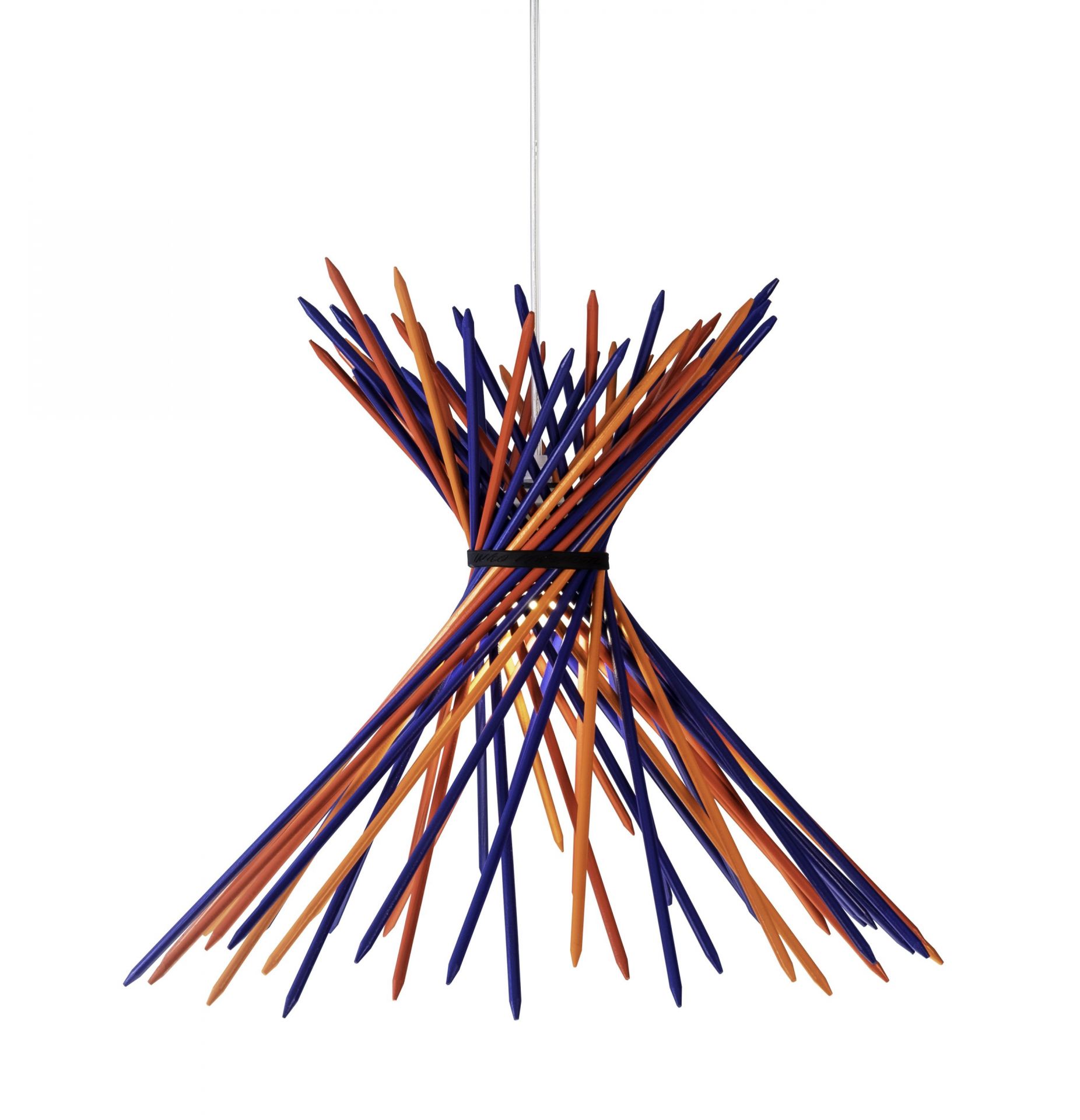 Pic-A-Stic Pendelleuchte von Ingo Maurer mit blauen und orangen Stäben, moderne Designerlampe.