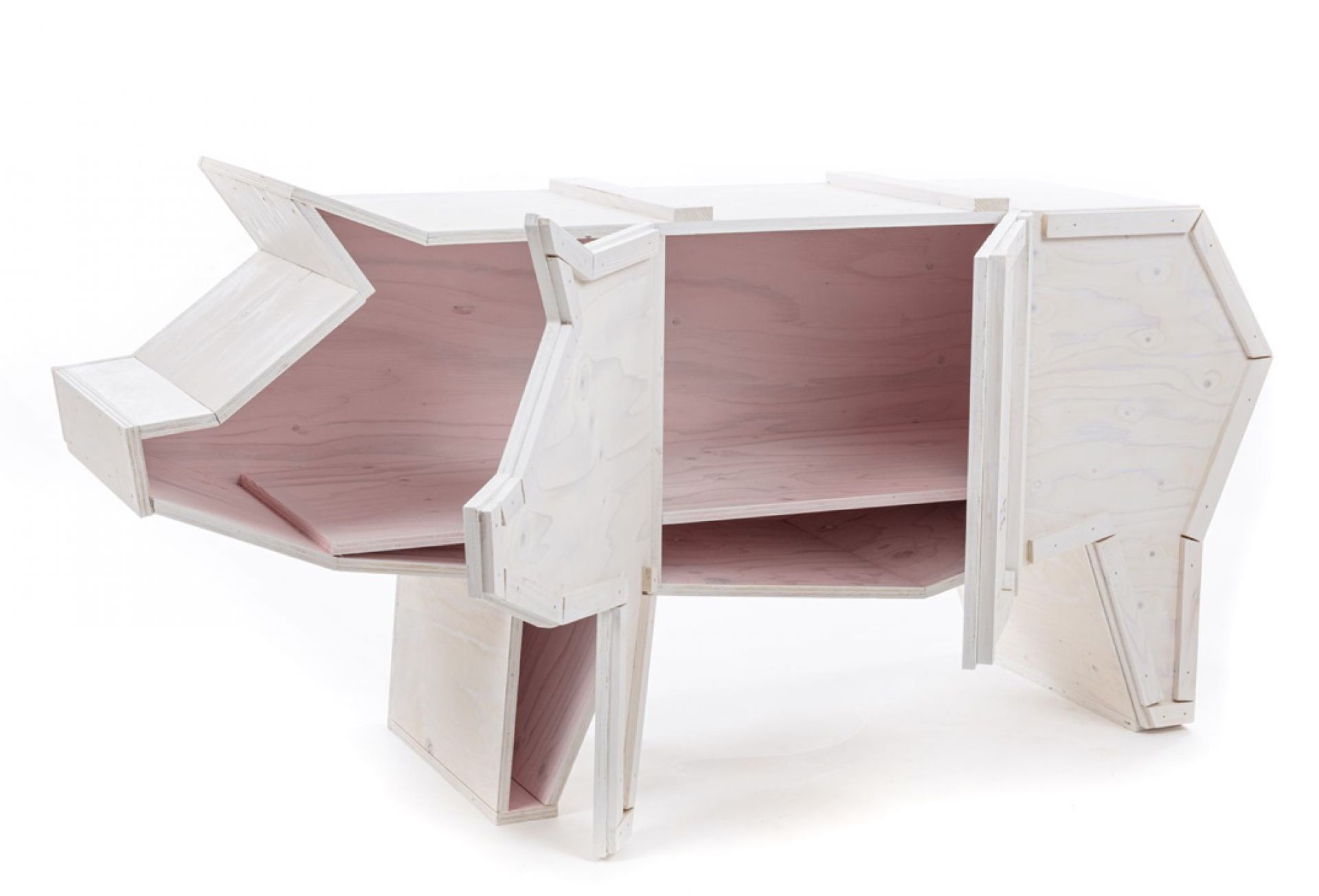 Weißer "Sending Animals 2.0 Pig" Schrank von Seletti, gefertigt aus Holz mit rosa Innenraum.