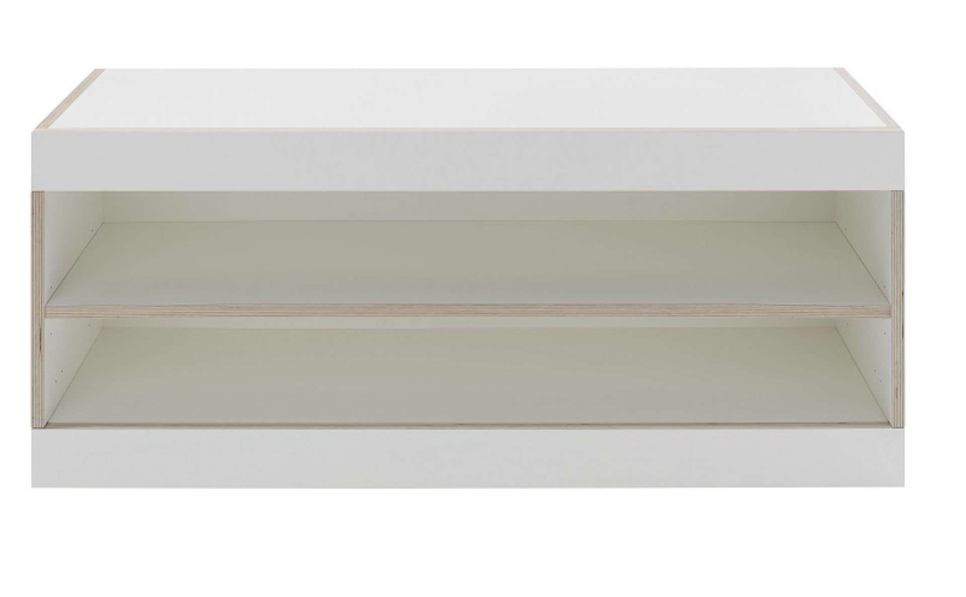 Weiße Flai Stauraumbank von Müller Möbelwerkstätten mit zwei offenen Fächern für viel Stauraum.