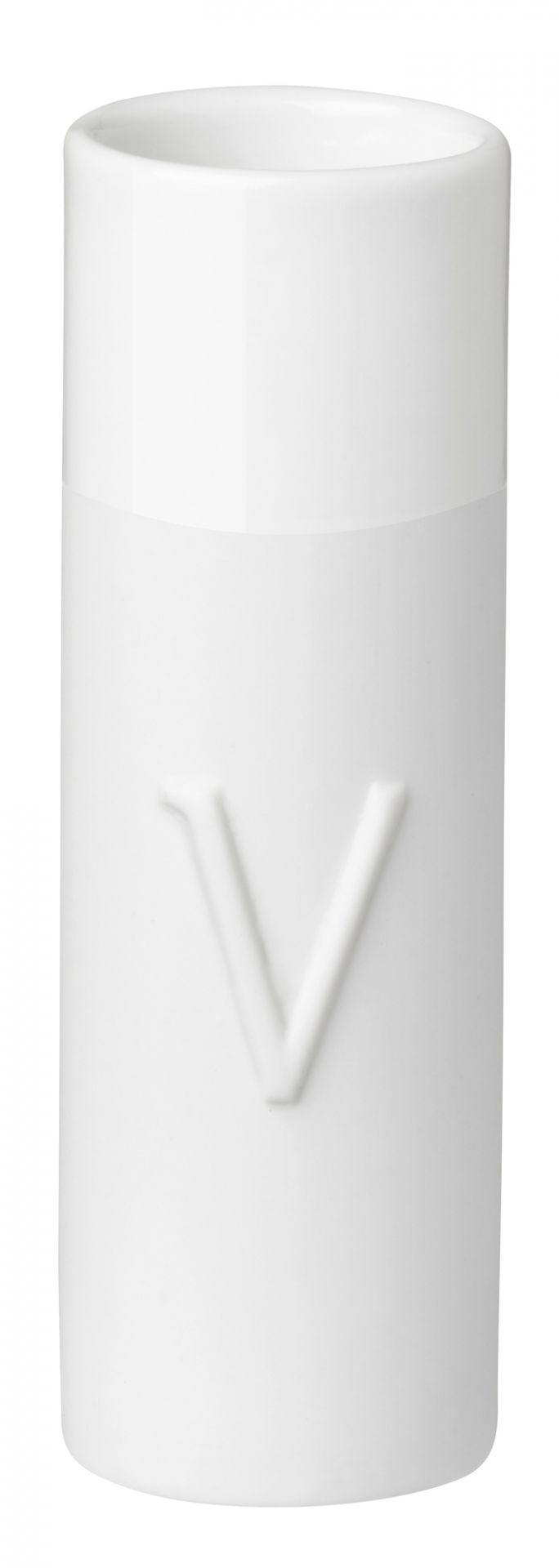 Nahaufnahme einer weißen Räder Minivase aus der Wolke Sieben Love Serie mit geprägtem "V".