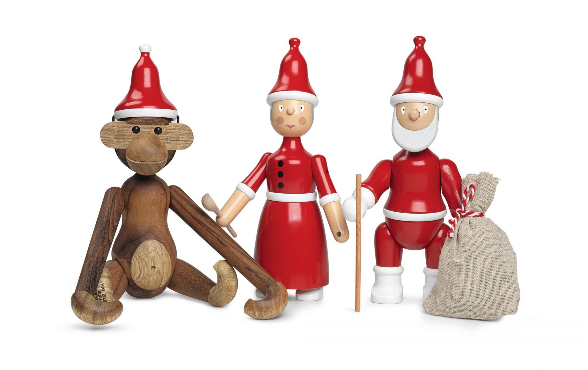 Kay Bojesen Weihnachtskollektion: Weihnachtsmann, Weihnachtsfrau und Weihnachtsaffe aus Holz, festliche Weihnachtsdekoration für Sammler.