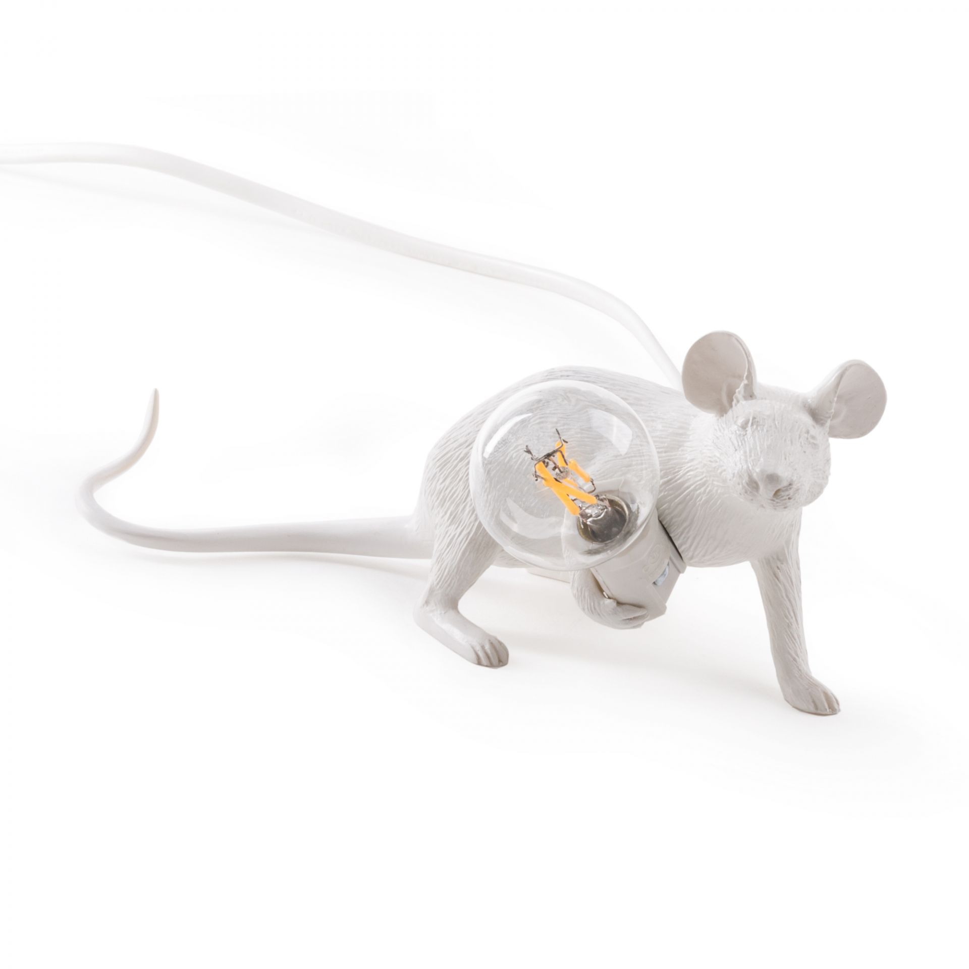 Weiße Seletti Mouse Lamp Tischleuchte mit USB-Anschluss, kreative Deko-Leuchte im Mäuse-Design.