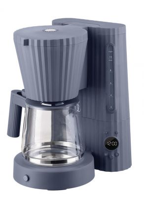 Blaue Alessi Plissé Filterkaffeemaschine mit Glaskanne für bis zu 10 Tassen, modernes Küchendesign.