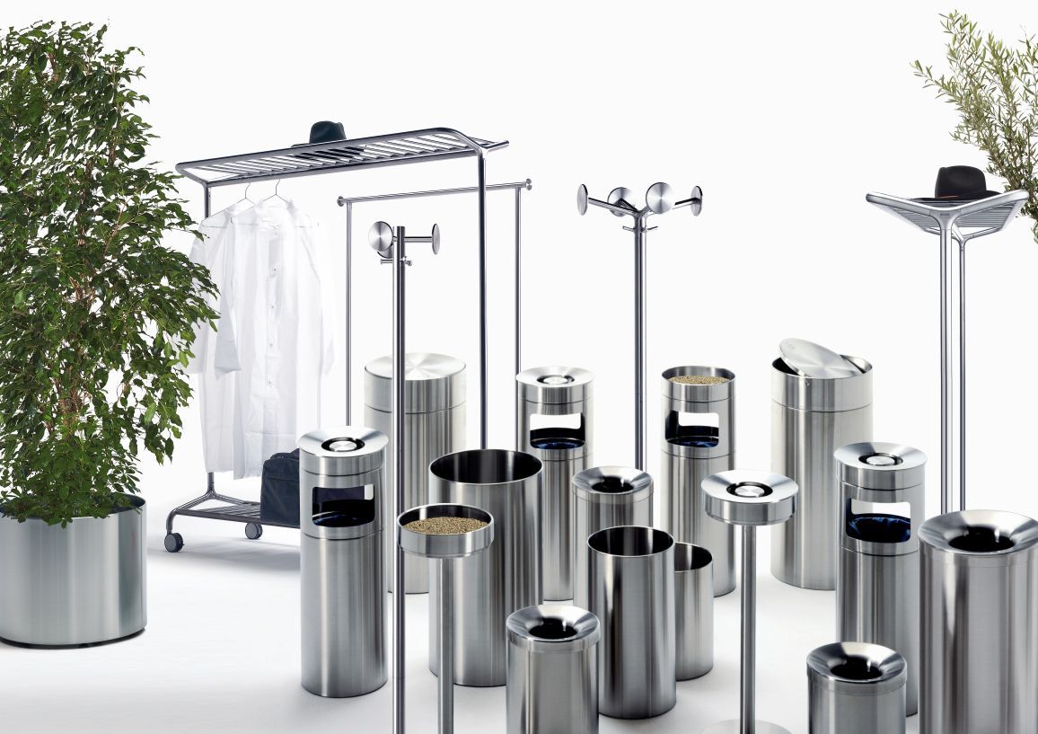 Produktbild: Nox Standascher und Papierkörbe aus Edelstahl, moderne Büroausstattung für Raucherbereiche und Abfallentsorgung.