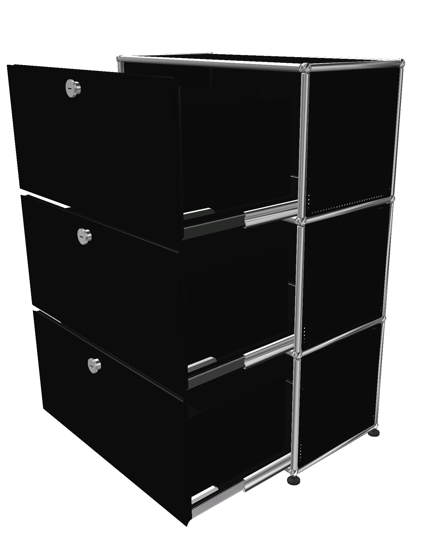 USM Haller Highboard in Graphitschwarz mit drei Schubladen, eine Schublade ist geöffnet, modernes Designmöbel.