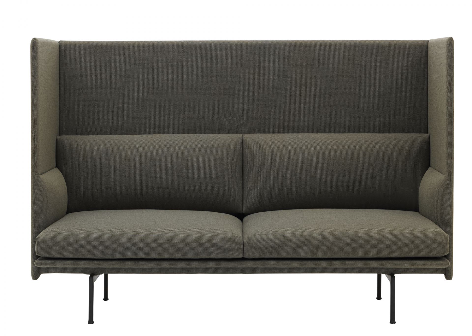Muuto Outline Sofa: Graues 2-Sitzer Highback Sofa mit hoher Rückenlehne und schwarzen Füßen.