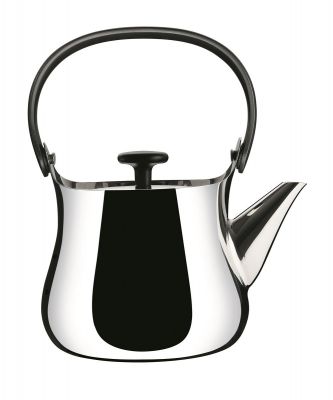 Alessi Cha Teekanne NF01 aus glänzendem Edelstahl mit schwarzem Griff und Deckelknopf.