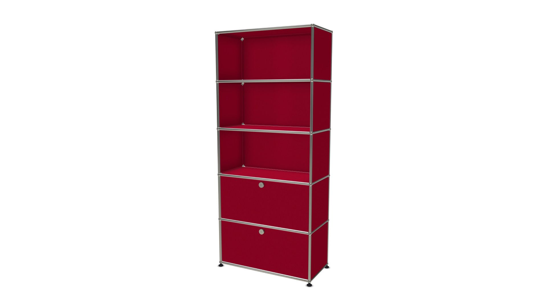 Rotes USM Haller Regal mit zwei Klappen und offenen Fächern, modernes Designmöbel.