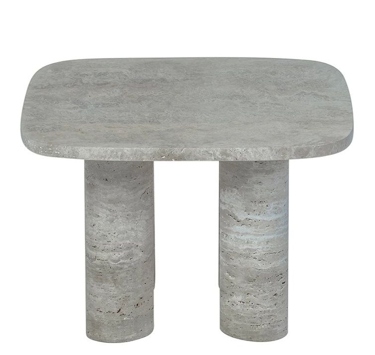 Blomus Volos Beistelltisch aus Travertin, moderner Couchtisch mit zwei zylindrischen Beinen, grauer Naturstein Tisch.