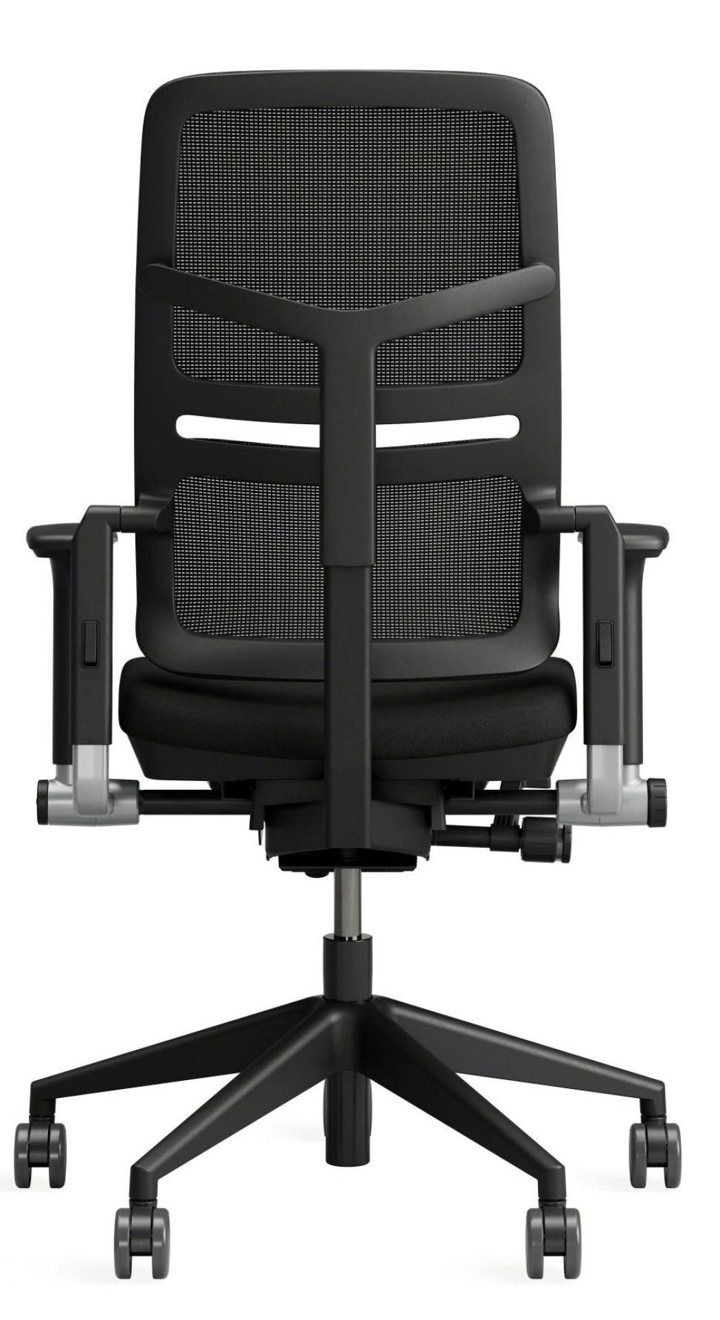 Rückansicht des schwarzen Please Air Bürostuhls von Steelcase mit Netzrücken und Rollen.