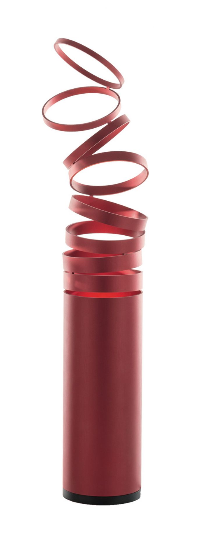 Rote Decompose' Tischleuchte von Artemide mit spiralförmigen Ringen und zylindrischem Sockel.