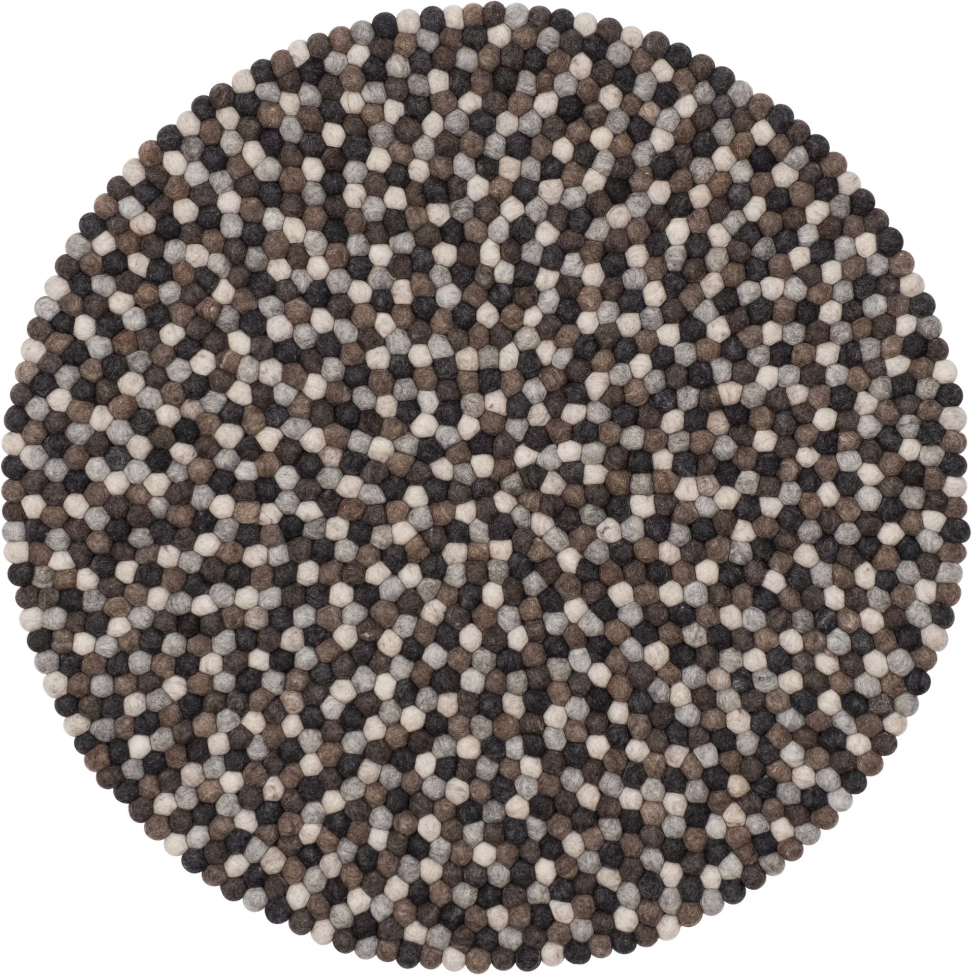 Runder Filzkugel Teppich 140 cm in Grau- und Brauntönen, handgefertigt und nachhaltig.
