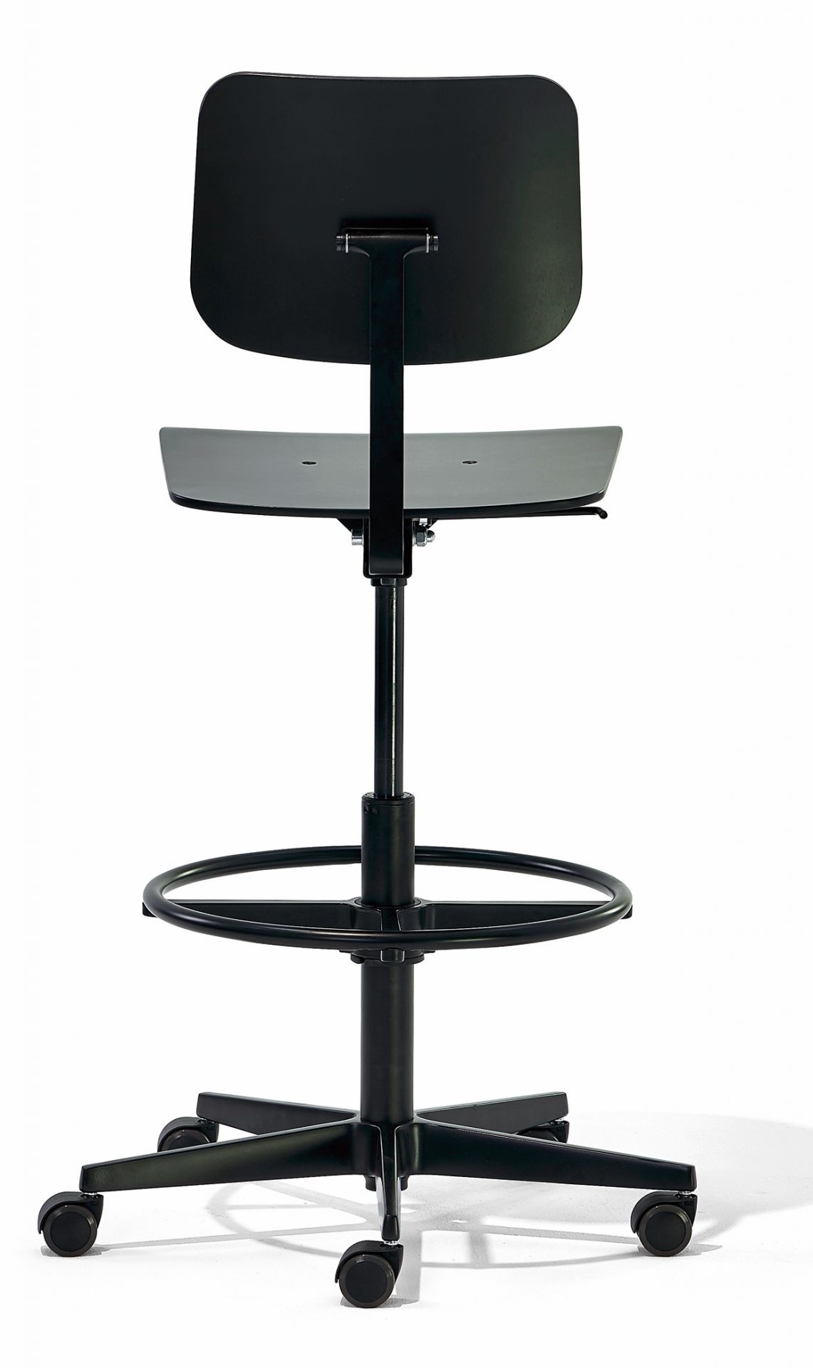 Schwarzer Mr. Square Drehstuhl von Richard Lampert, höhenverstellbar mit Fußstütze und Rollen, Rückansicht.