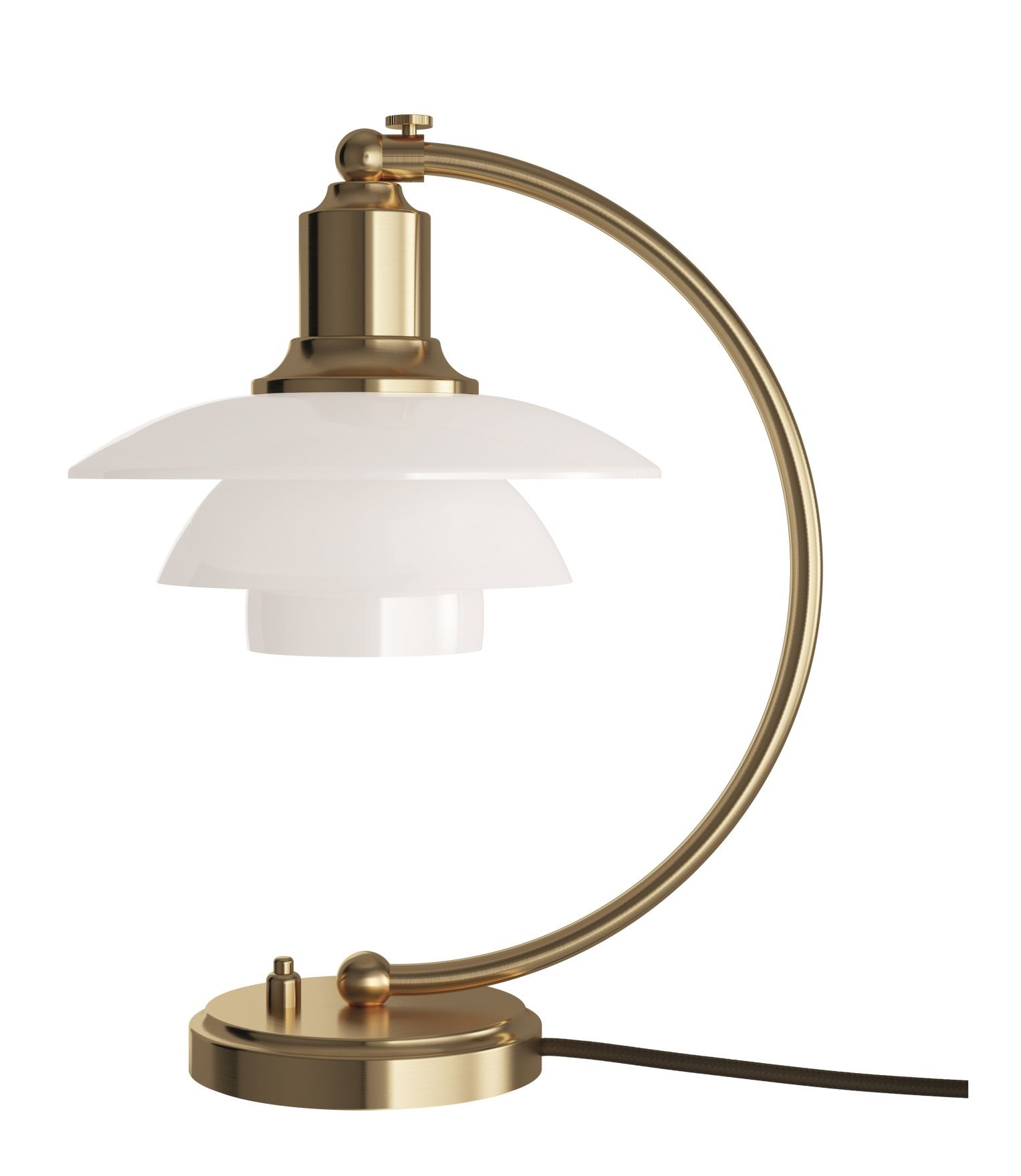 PH 2/2 Luna Tischleuchte von Louis Poulsen: Messinggestell mit dreischirmigem Opalglas für sanftes Licht.