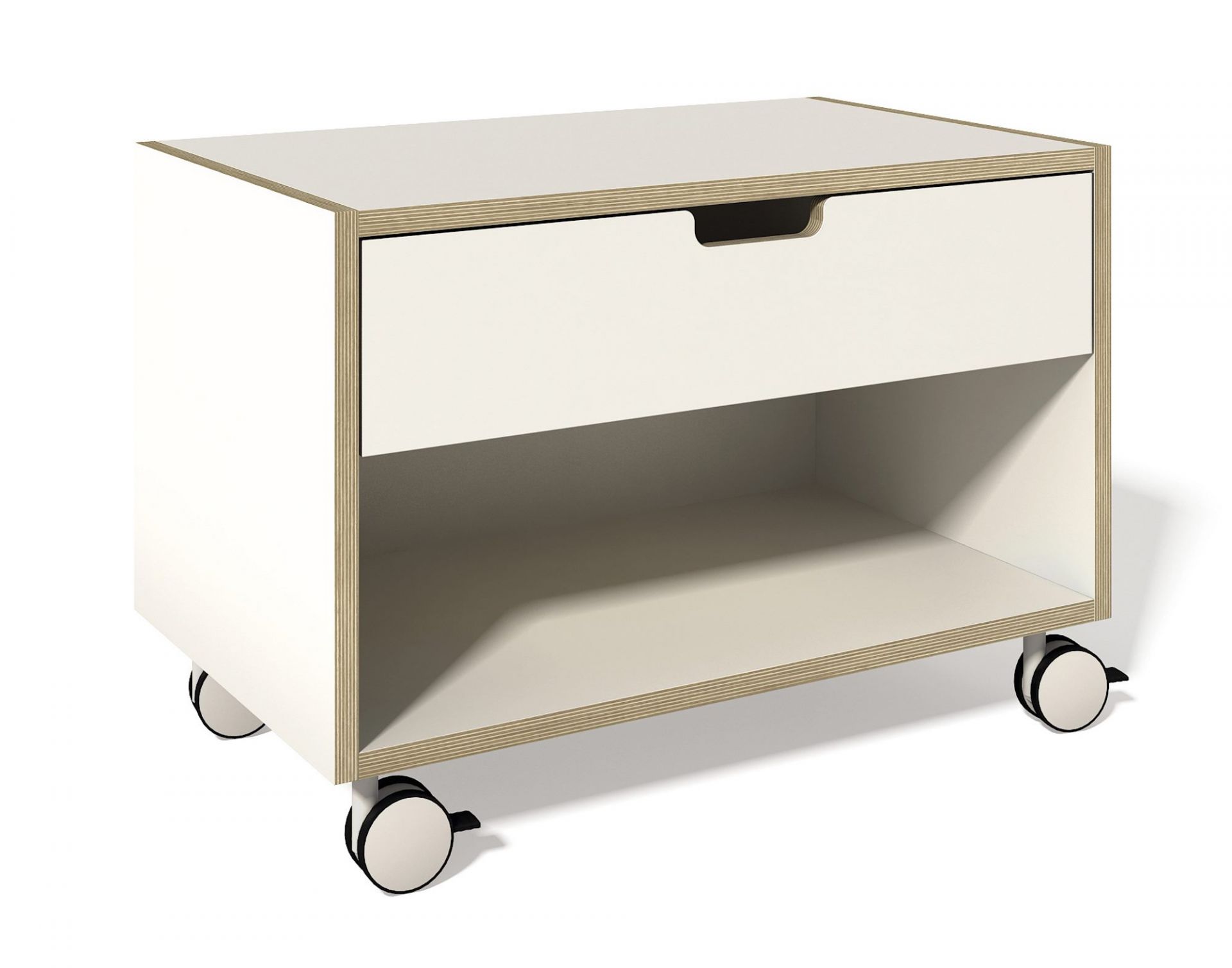 Weißer Müller Möbelwerkstätten Nachttisch Stapelliege mit Schublade und Rollen für Schlafzimmer.