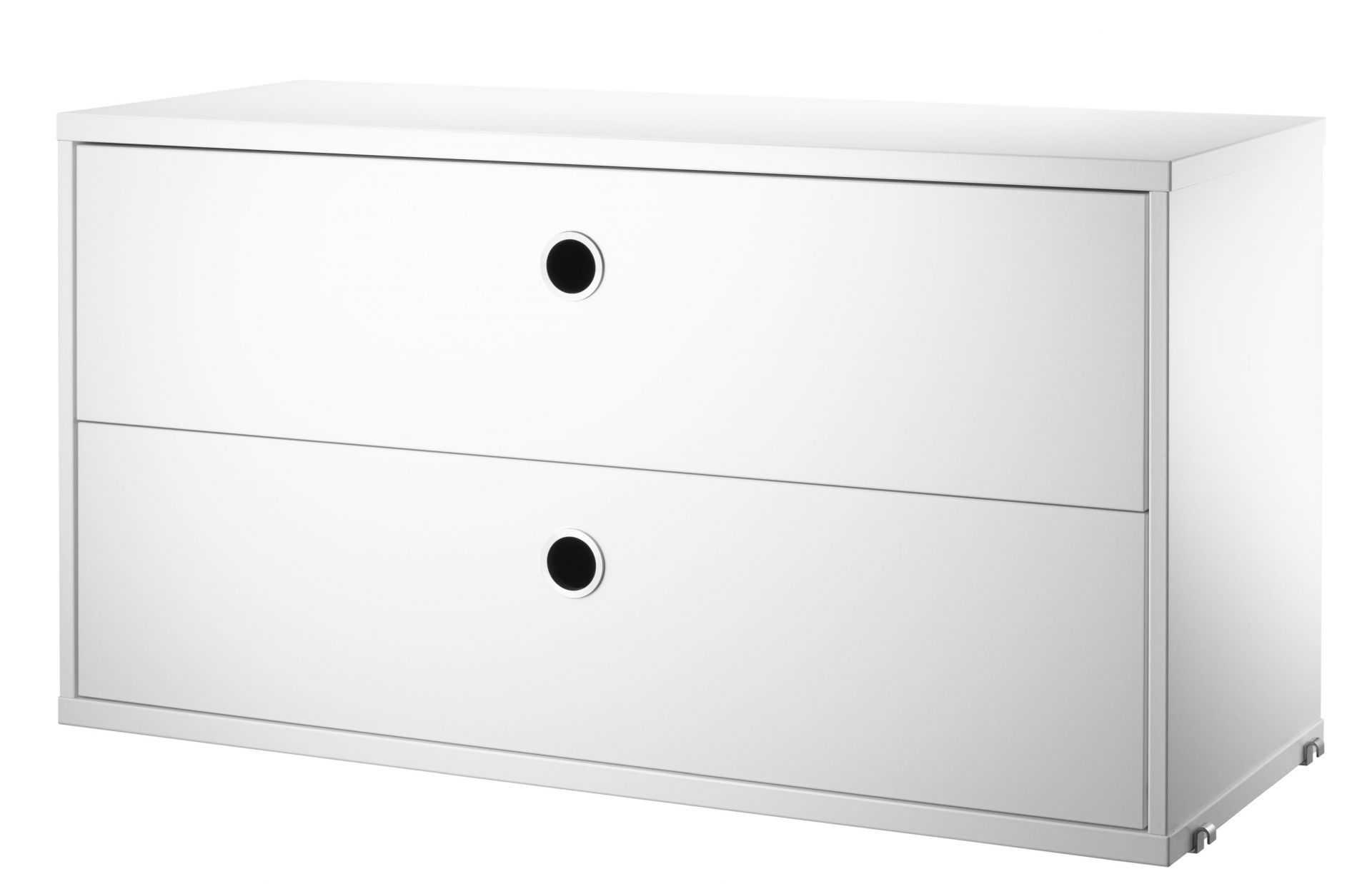 Weißes String Furniture Schubladenelement (B 78 cm) mit zwei Schubladen und runden Griffen.