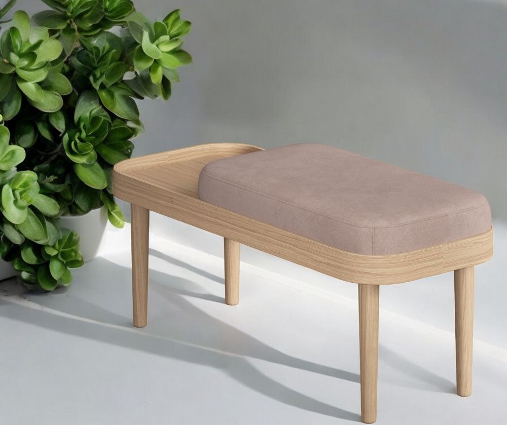 Serena Bank Eiche natur mit Nubbio weiß Polsterung, moderne Sitzbank im minimalistischen Design.