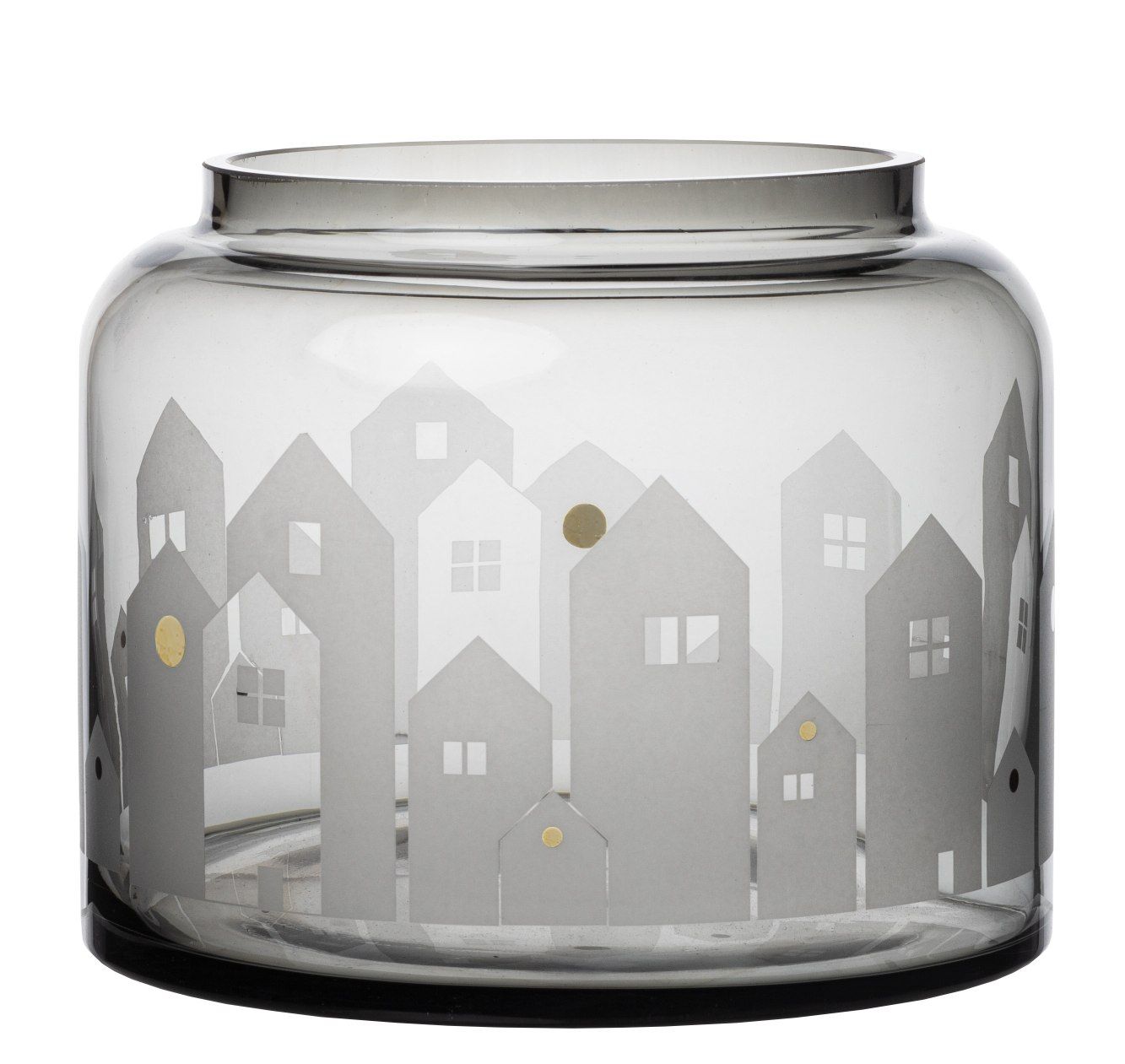 Winterliche Räder Wintervase Häuser Winterlicht aus grauem Glas mit weißem Häuser-Motiv und goldenen Akzenten.