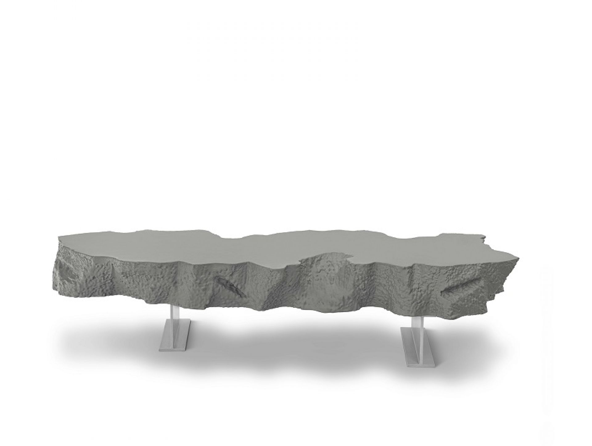 Graue Broken Bench Bank von Gufram mit zwei transparenten Stützen, modernes Designmöbel.