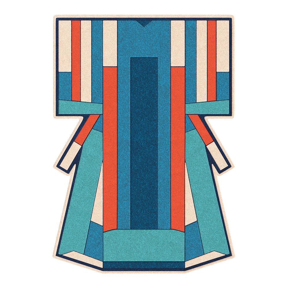 Inès Carpet Teppich von Hartô mit abstraktem, farbenfrohem Design in Blau, Orange und Beige.