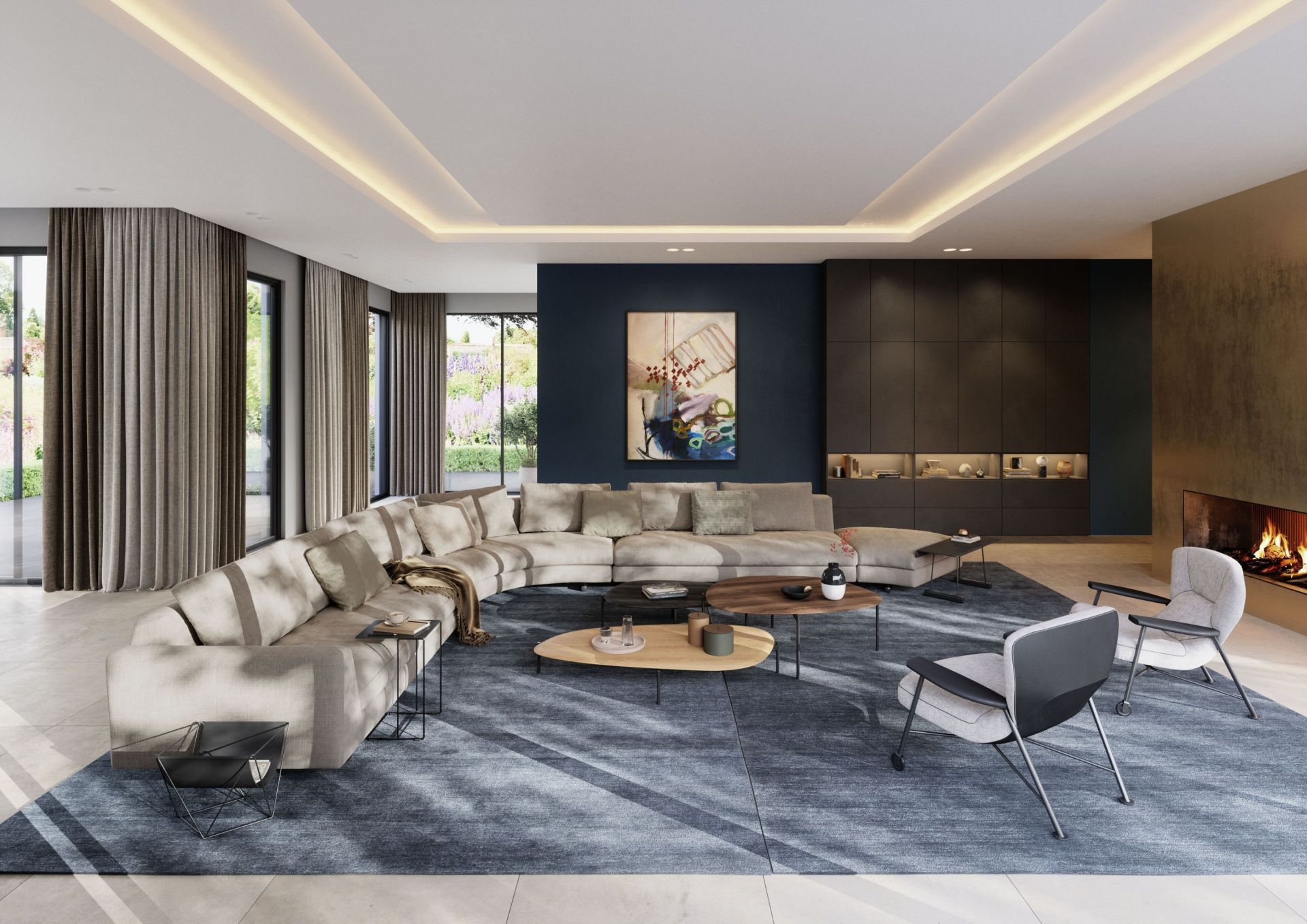 Moderner Wohnraum mit Ishino Wood Table Beistelltisch von Walter Knoll neben einer Couch.